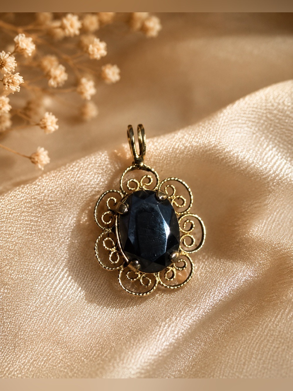 Vintage Filigree Pendant Gold Tone Dark Stone • Delicate Ornate Charm Necklace